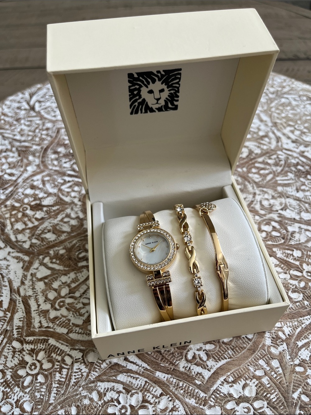 Anne Klein Gold-Tone Crystal Accent Watch and Bracelet Trio with Gift Box NWT
